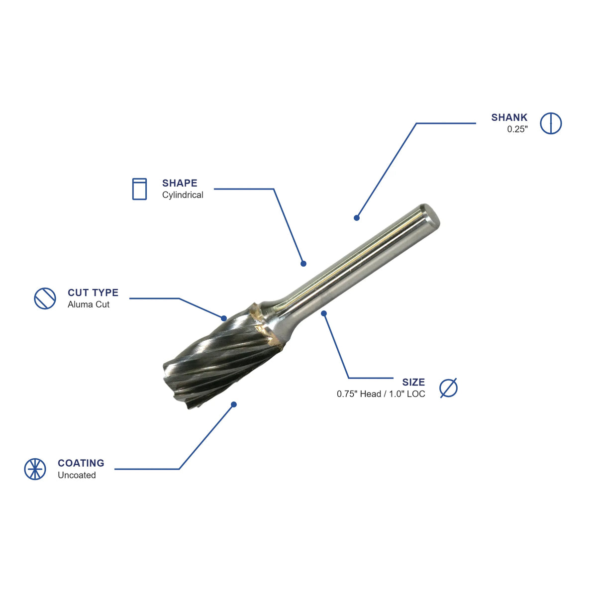 SA Aluma Cut Carbide Burr specifications diagram - 3 4 inch dia 1 inch LOC