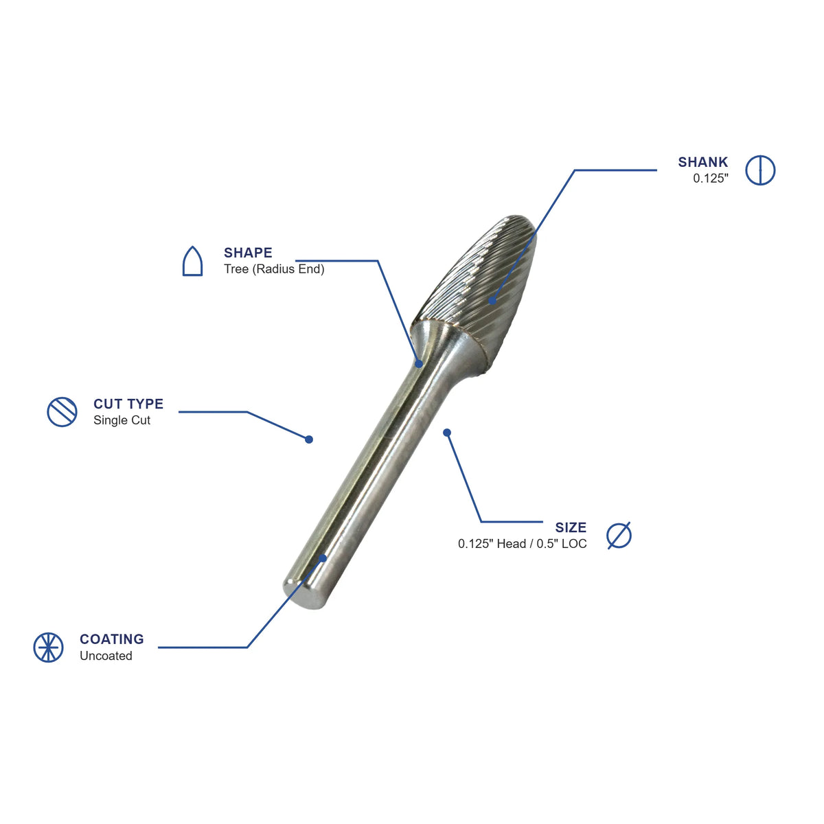 SF Single Cut Carbide Burr specifications diagram - 1 8 inch dia 1 2 inch LOC
