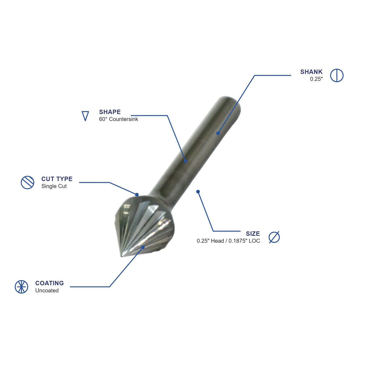 SJ Single Cut Carbide Burr specifications diagram - 1 4 inch dia 3 16 inch LOC