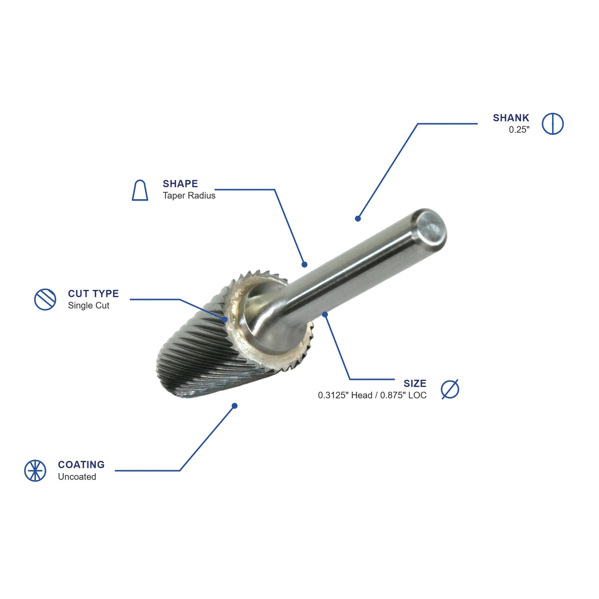SL Single Cut Carbide Burr specifications diagram - 5 16 inch dia 7 8 inch LOC