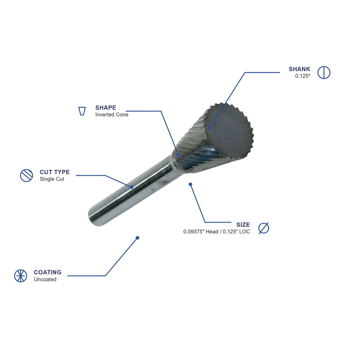 SN Single Cut Carbide Burr specifications diagram - 3 32 inch dia 1 8 inch LOC
