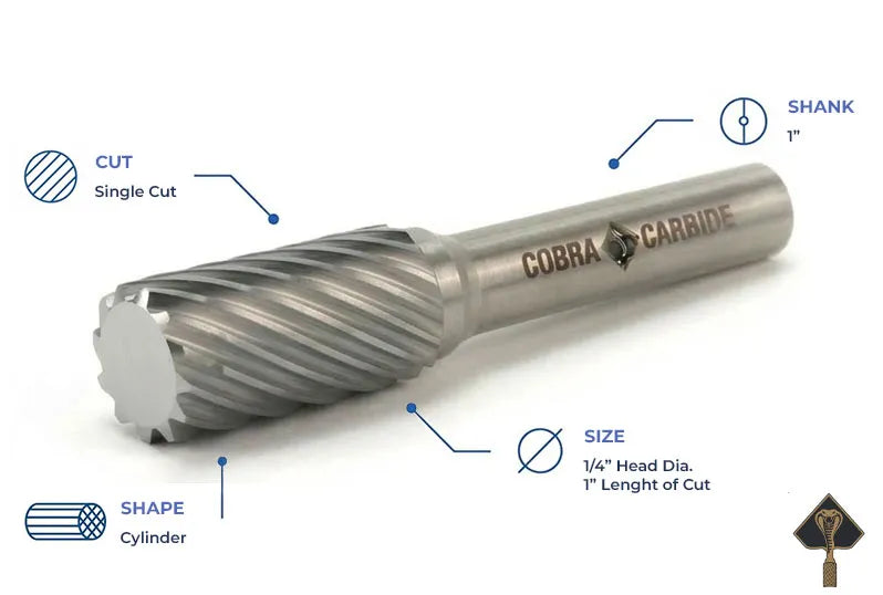 SA single cut cylinder carbide burr for fast, aggressive flat surfaces, edges and stock removal