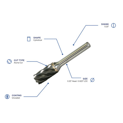 SA Aluma Cut Carbide Burr specifications diagram - 1 4 inch dia 5 8 inch LOC