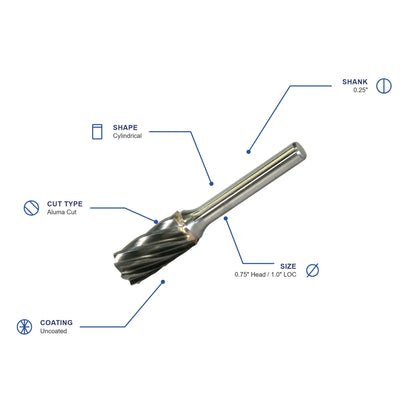 SA Aluma Cut Carbide Burr specifications diagram - 3 4 inch dia 1 inch LOC