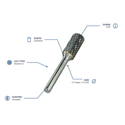 SA Double Cut Carbide Burr specifications diagram - 1 inch dia 1 inch LOC