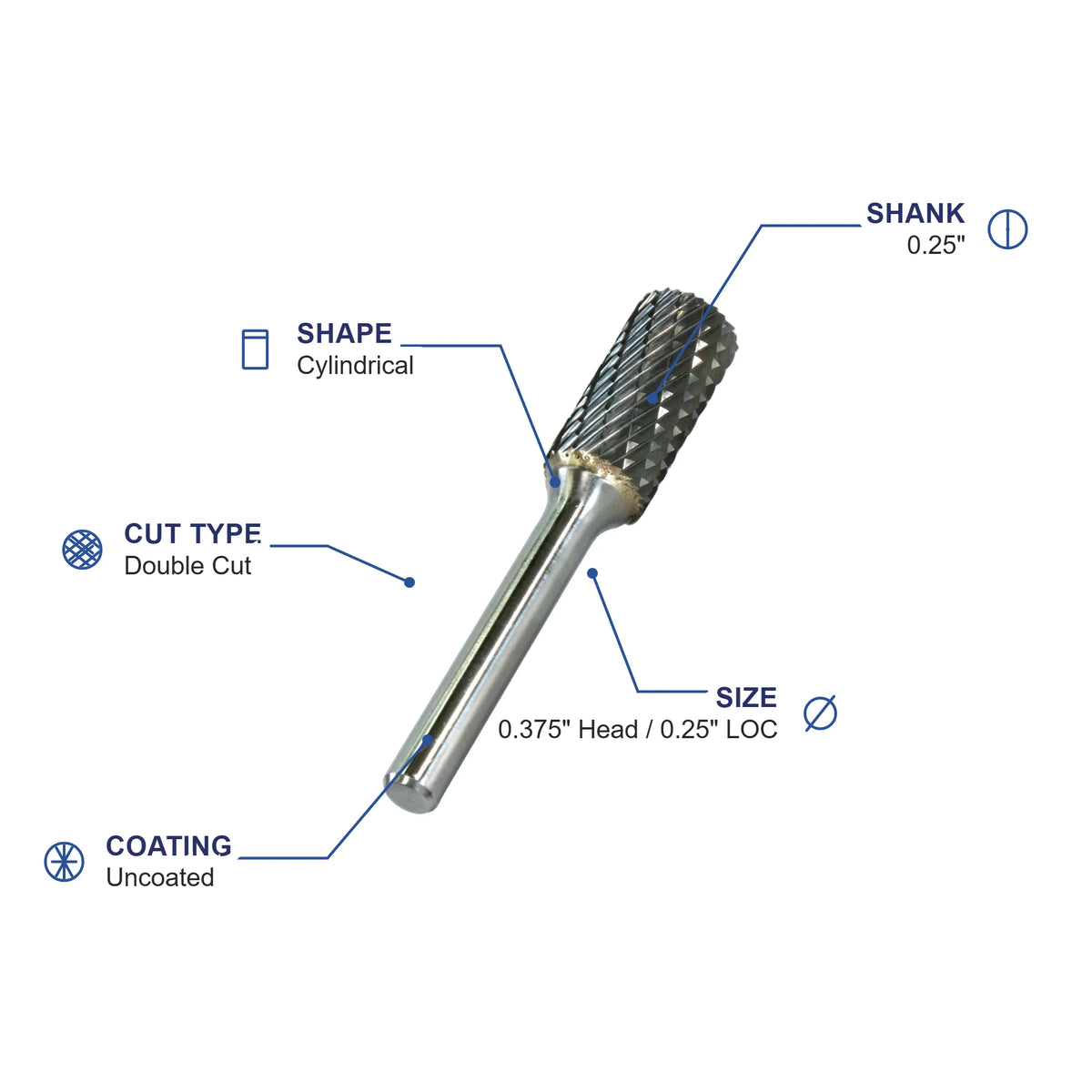 SA-3X Double Cut Cylindrical Carbide Burr – 3/8 x 1/4 x 3-1/4 OAL