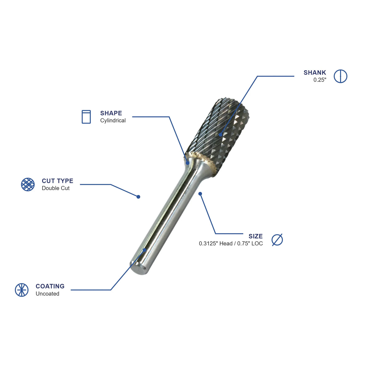 SA Double Cut Carbide Burr specifications diagram - 5 16 inch dia 3 4 inch LOC
