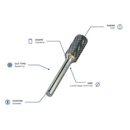 SA Double Cut Carbide Burr specifications diagram - 5 16 inch dia 3 4 inch LOC
