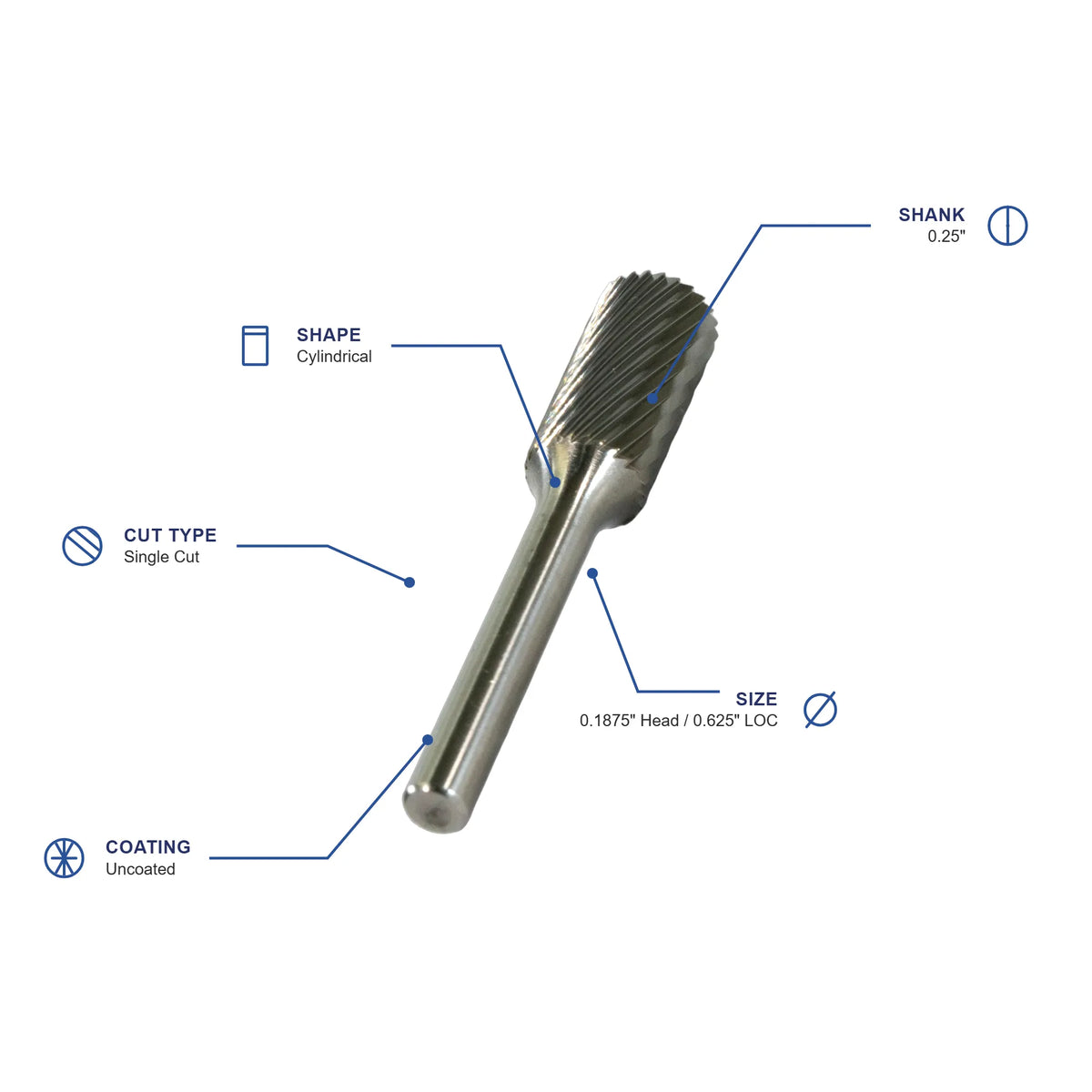 SA Single Cut Carbide Burr specifications diagram - 3 16 inch dia 5 8 inch LOC