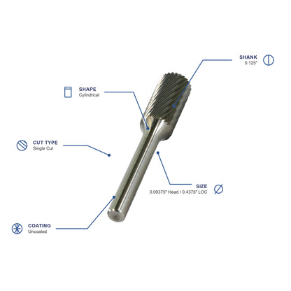 SA Single Cut Carbide Burr specifications diagram - 3 32 inch dia 7 16 inch LOC