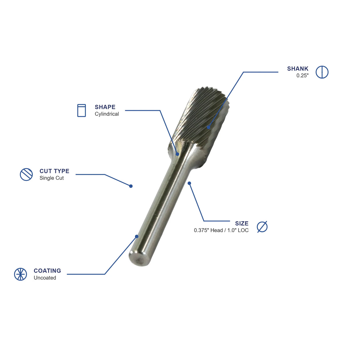 SA Single Cut Carbide Burr specifications diagram - 3 8 inch dia 1 inch LOC