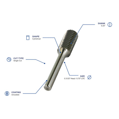 SA Single Cut Carbide Burr specifications diagram - 5 16 inch dia 3 4 inch LOC
