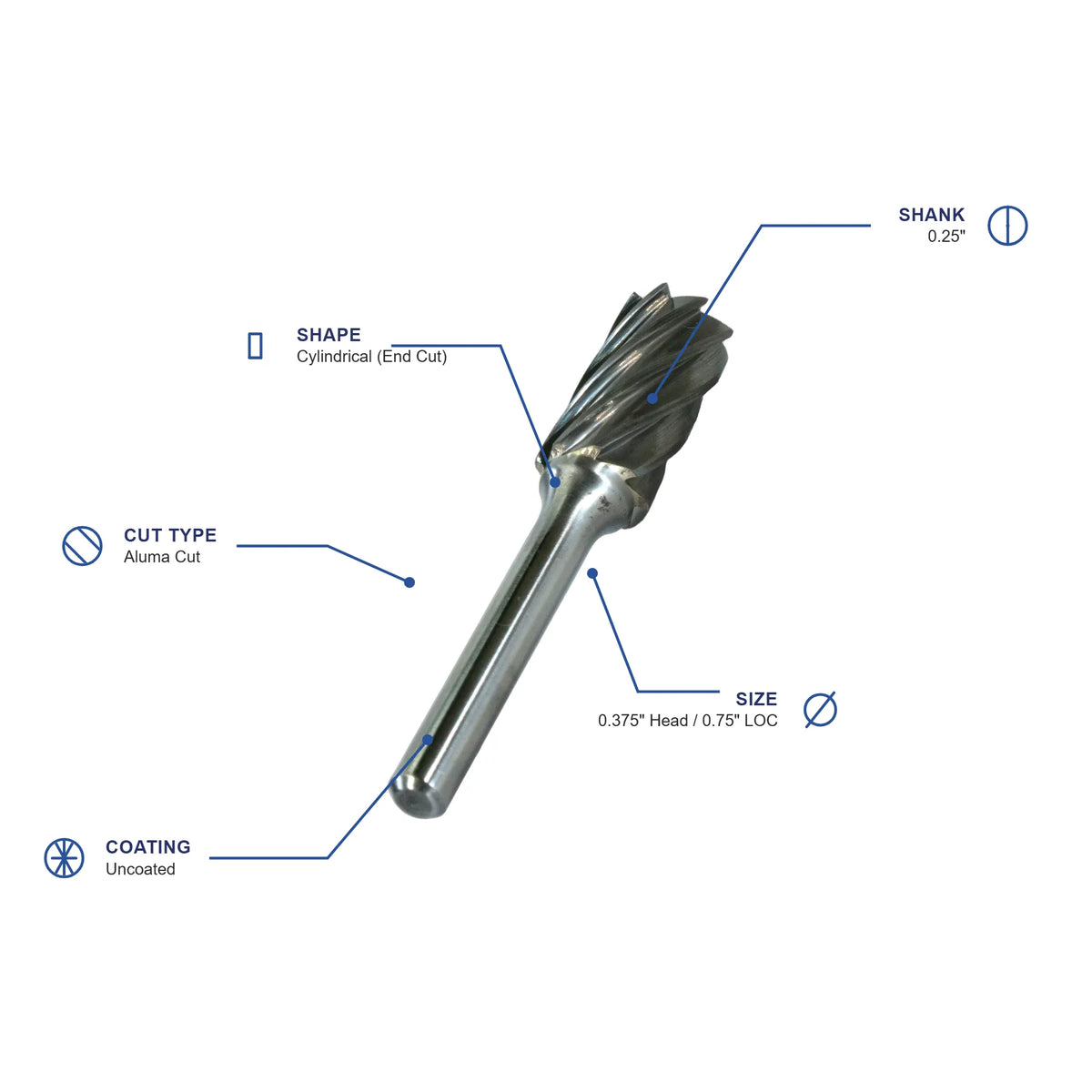 SB Aluma Cut Carbide Burr specifications diagram - 3 8 inch dia 3 4 inch LOC