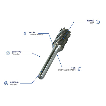 SB Aluma Cut Carbide Burr specifications diagram - 3 8 inch dia 3 4 inch LOC