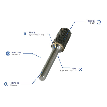 SB Double Cut Carbide Burr specifications diagram - 1 4 inch dia 1 2 inch LOC