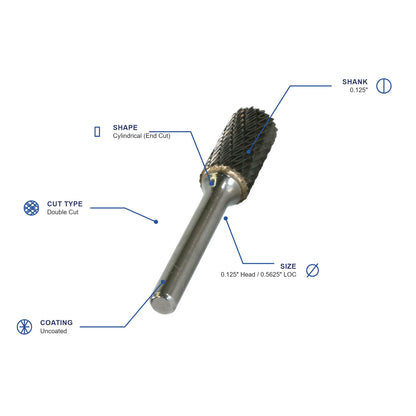 SB Double Cut Carbide Burr specifications diagram - 1 8 inch dia 9 16 inch LOC
