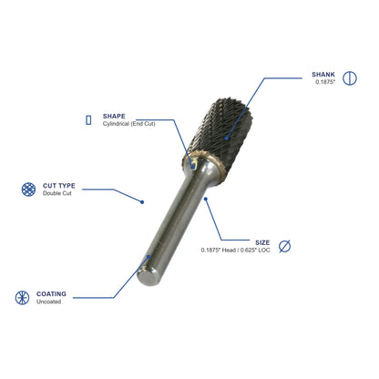 SB Double Cut Carbide Burr specifications diagram - 3 16 inch dia 5 8 inch LOC