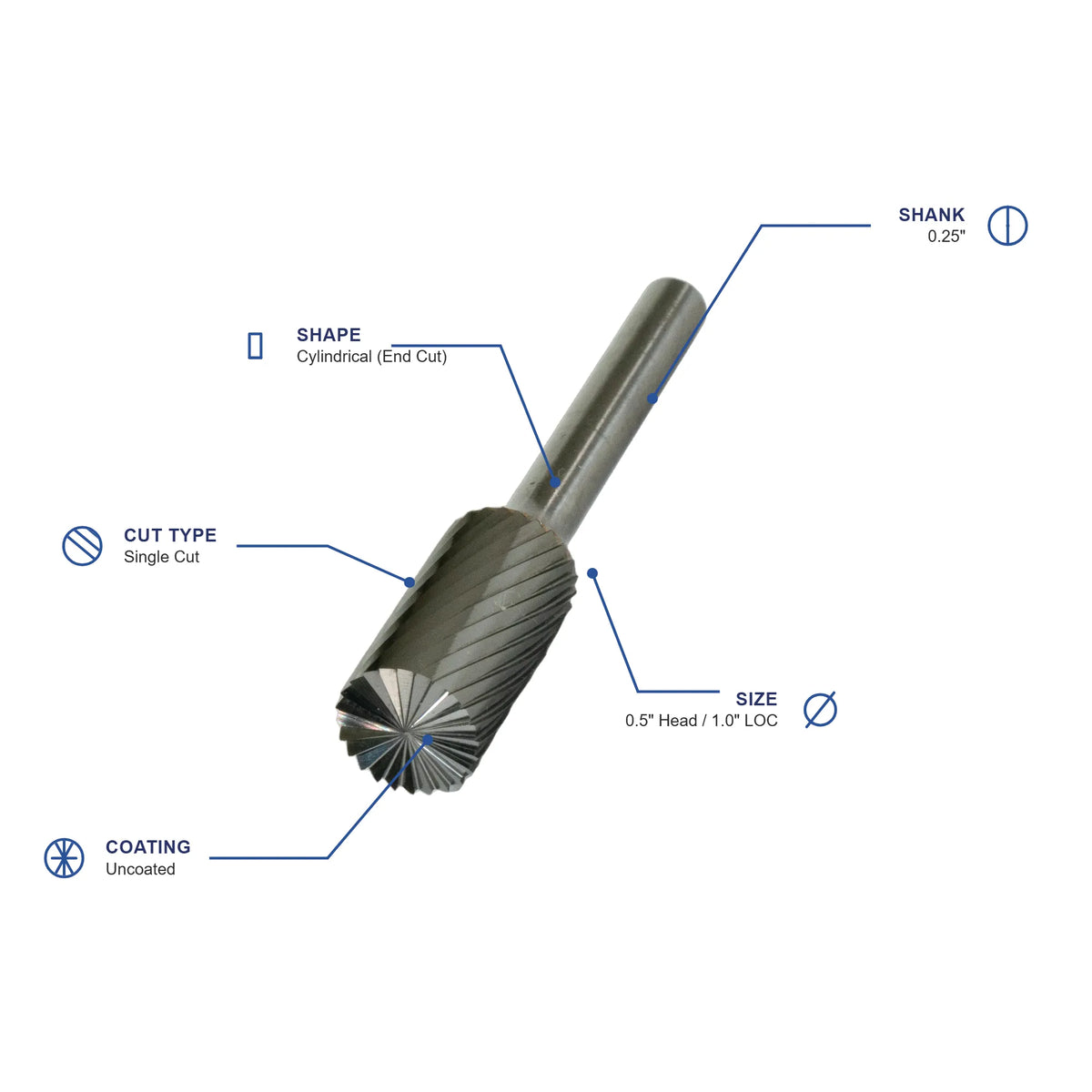 SB Single Cut Carbide Burr specifications diagram - 1 2 inch dia 1 inch LOC