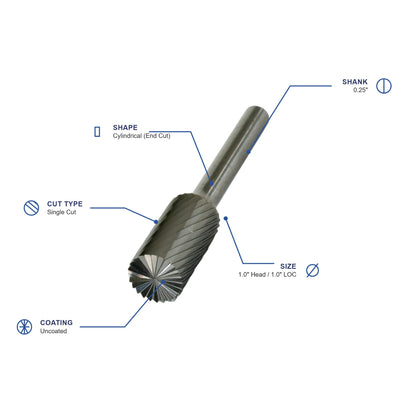 SB Single Cut Carbide Burr specifications diagram - 1 inch dia 1 inch LOC