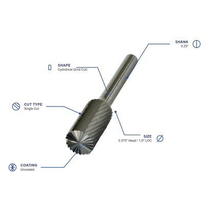 SB Single Cut Carbide Burr specifications diagram - 3 8 inch dia 1 inch LOC