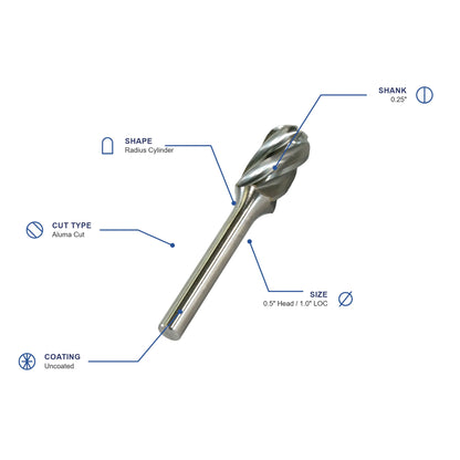 SC Aluma Cut Carbide Burr specifications diagram - 1 2 inch dia 1 inch LOC