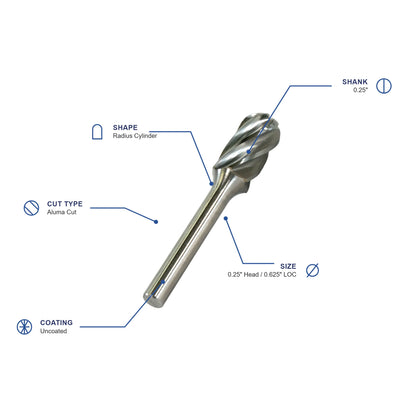 SC Aluma Cut Carbide Burr specifications diagram - 1 4 inch dia 5 8 inch LOC