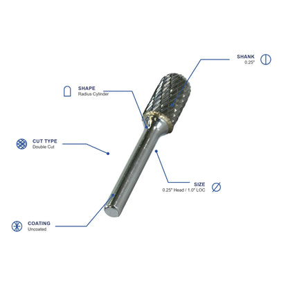 SC Double Cut Carbide Burr specifications diagram - 1 4 inch dia 1 inch LOC