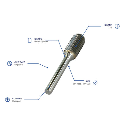 SC Single Cut Carbide Burr specifications diagram - 1 2 inch dia 1 inch LOC