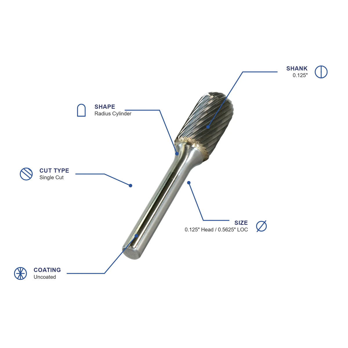 SC Single Cut Carbide Burr specifications diagram - 1 8 inch dia 9 16 inch LOC