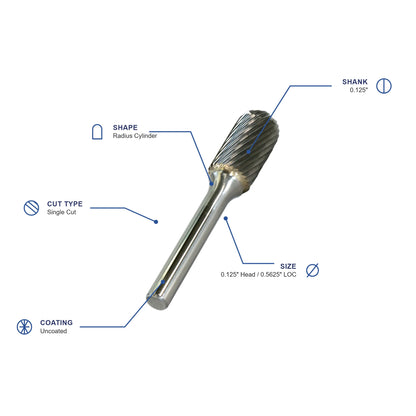 SC Single Cut Carbide Burr specifications diagram - 1 8 inch dia 9 16 inch LOC