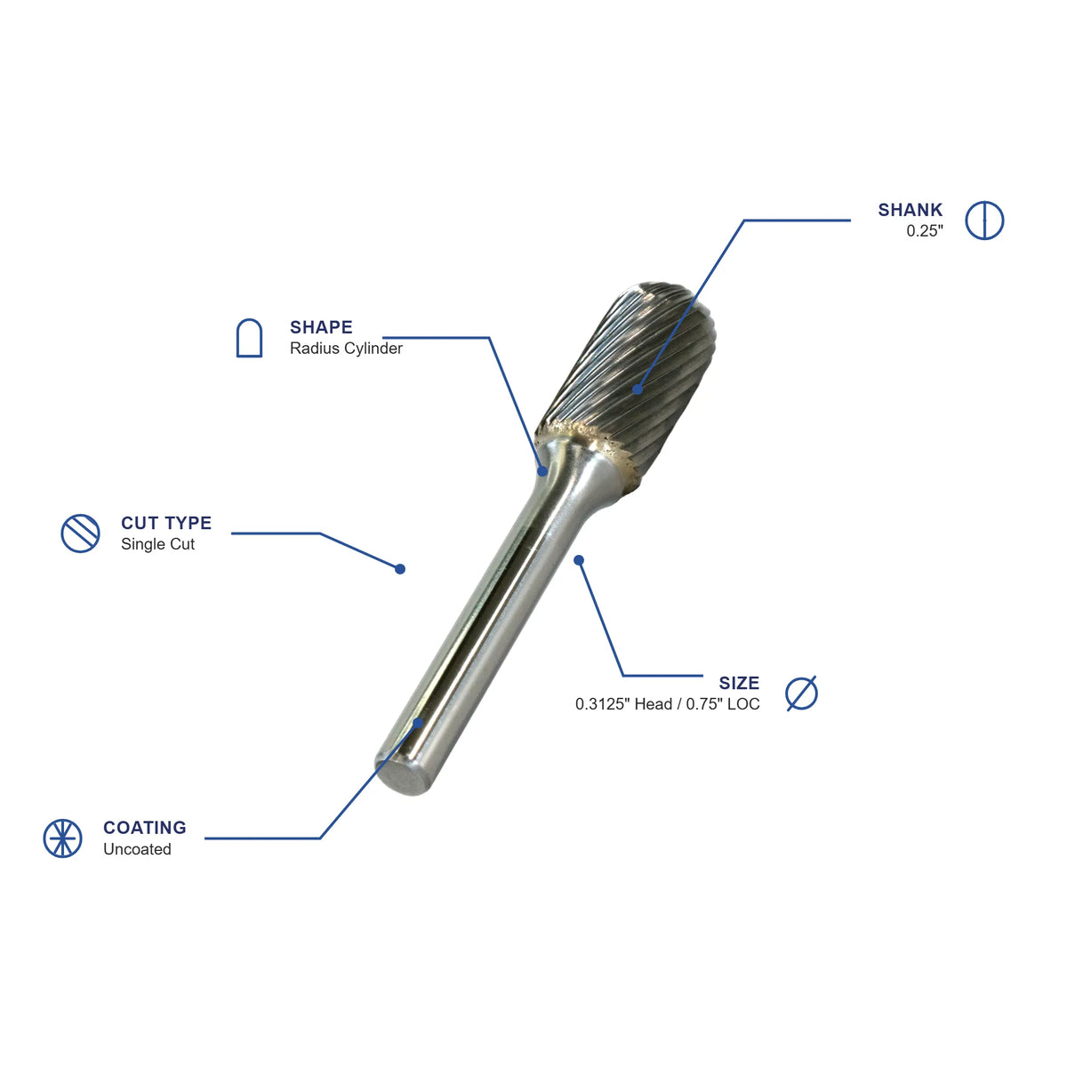 SC Single Cut Carbide Burr specifications diagram - 5 16 inch dia 3 4 inch LOC
