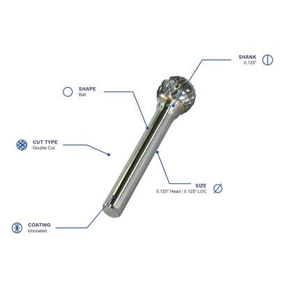 SD Double Cut Carbide Burr specifications diagram - 1 8 inch dia 1 8 inch LOC