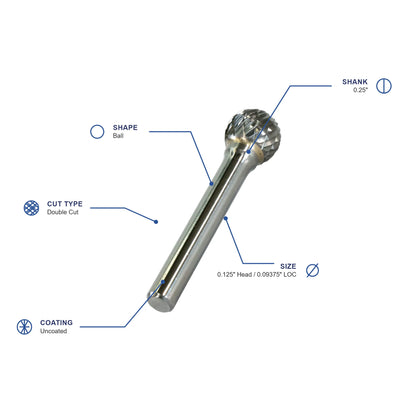 SD Double Cut Carbide Burr specifications diagram - 1 8 inch dia 3 32 inch LOC