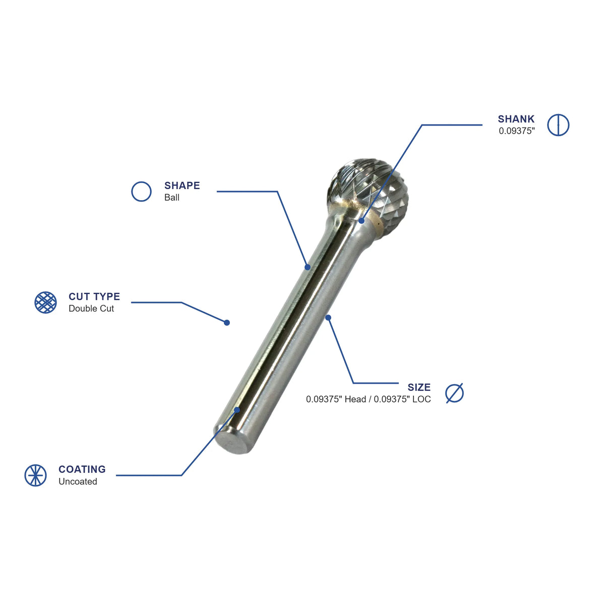 SD Double Cut Carbide Burr specifications diagram - 3 32 inch dia 3 32 inch LOC
