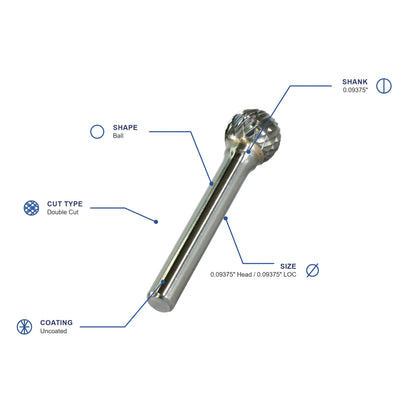 SD Double Cut Carbide Burr specifications diagram - 3 32 inch dia 3 32 inch LOC