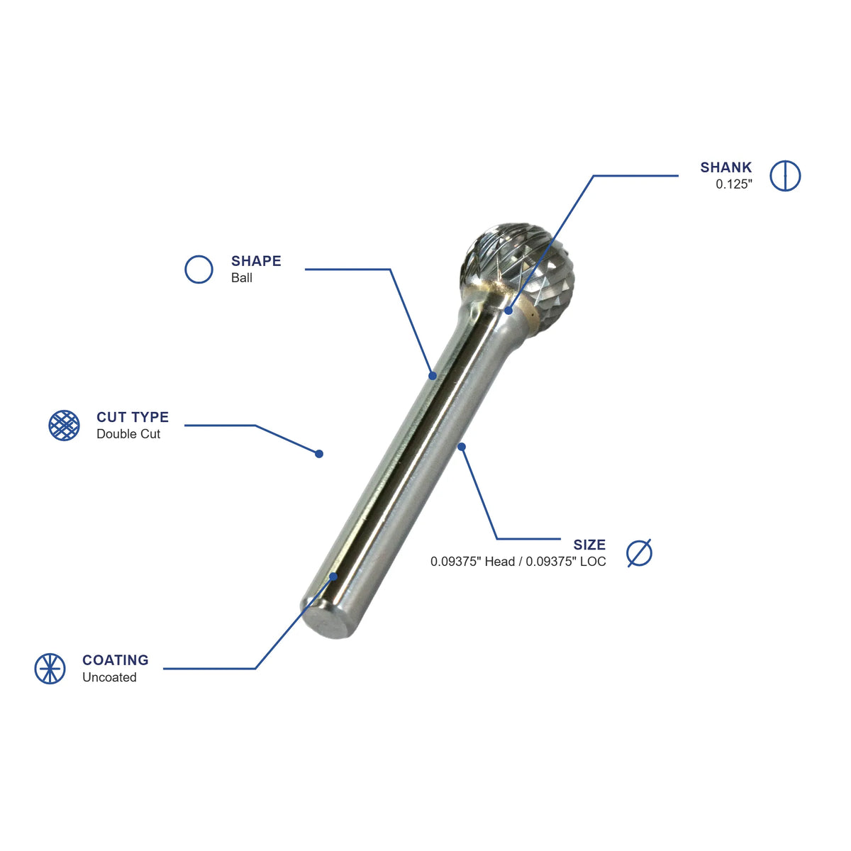 SD Double Cut Carbide Burr specifications diagram - 3 32 inch dia 3 32 inch LOC