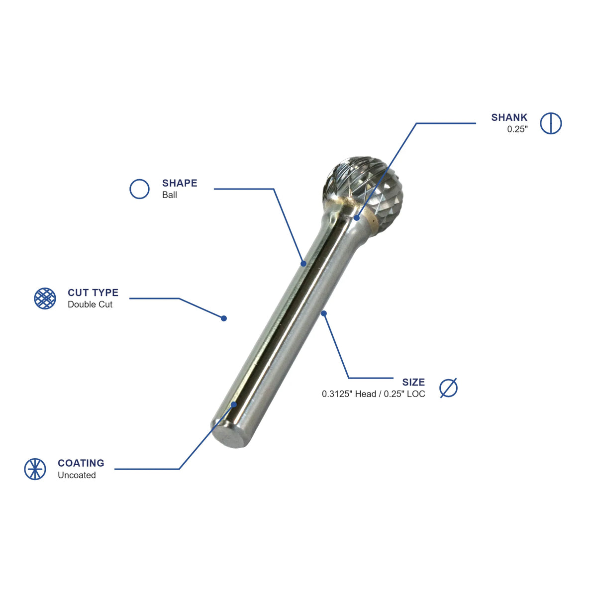 SD Double Cut Carbide Burr specifications diagram - 5 16 inch dia 1 4 inch LOC