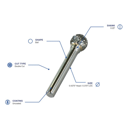SD Double Cut Carbide Burr specifications diagram - 7 16 inch dia 3 8 inch LOC
