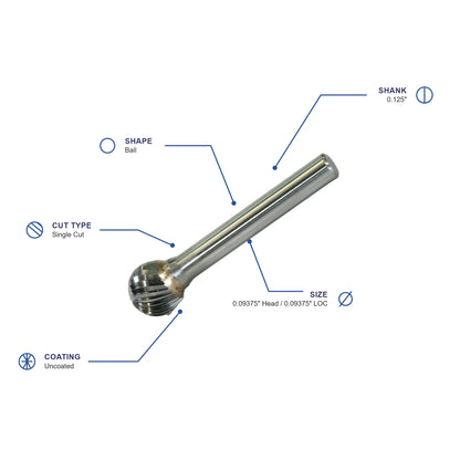 SD Single Cut Carbide Burr specifications diagram - 3 32 inch dia 3 32 inch LOC