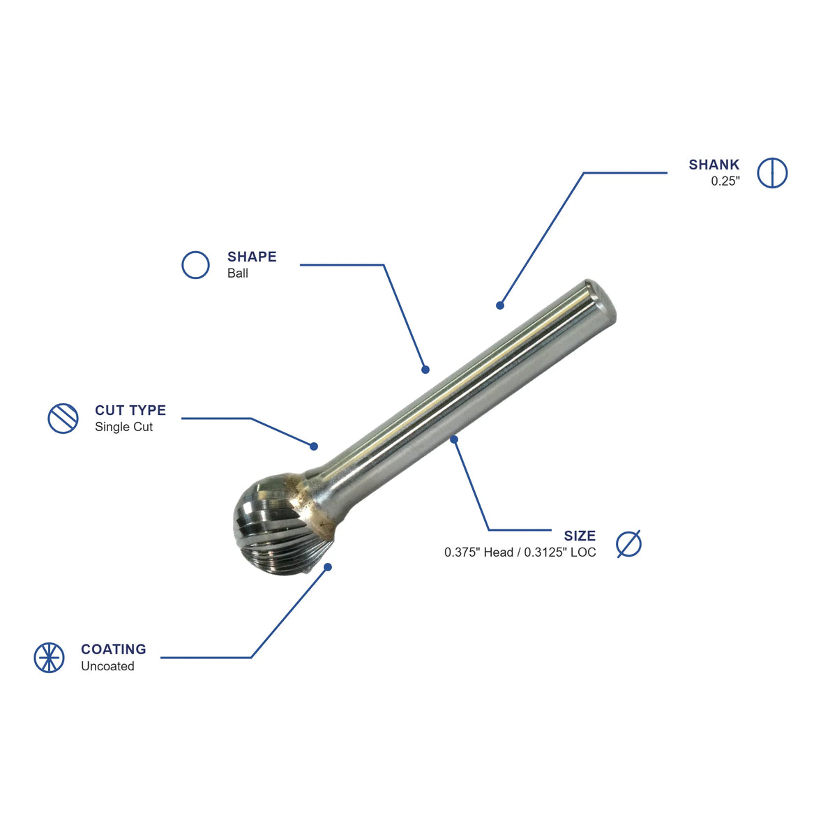 SD Single Cut Carbide Burr specifications diagram - 3 8 inch dia 5 16 inch LOC