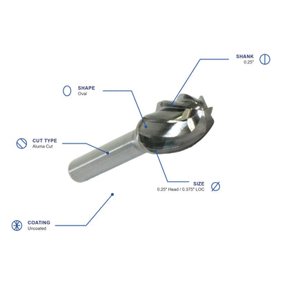 SE Aluma Cut Carbide Burr specifications diagram - 1 4 inch dia 3 8 inch LOC
