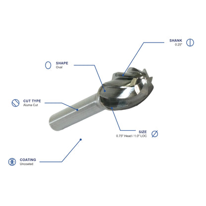 SE Aluma Cut Carbide Burr specifications diagram - 3 4 inch dia 1 inch LOC
