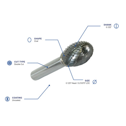 SE Double Cut Carbide Burr specifications diagram - 1 8 inch dia 7 32 inch LOC