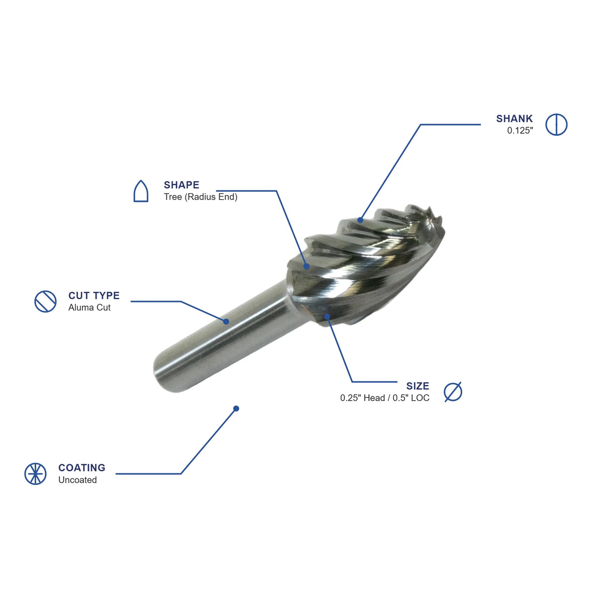 SF Aluma Cut Carbide Burr specifications diagram - 1 4 inch dia 1 2 inch LOC
