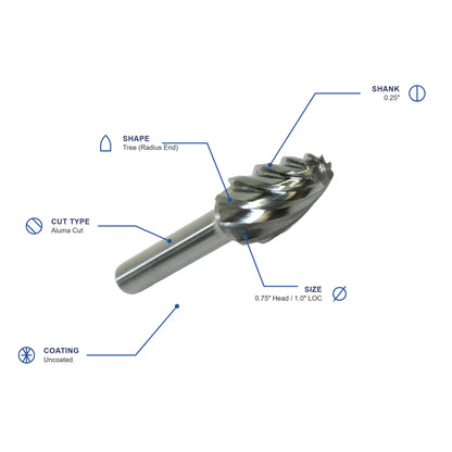 SF Aluma Cut Carbide Burr specifications diagram - 3 4 inch dia 1 inch LOC
