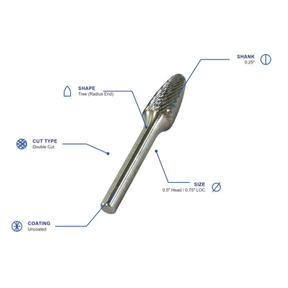 SF Double Cut Carbide Burr specifications diagram - 1 2 inch dia 3 4 inch LOC