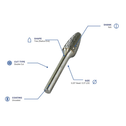 SF Double Cut Carbide Burr specifications diagram - 1 4 inch dia 1 2 inch LOC