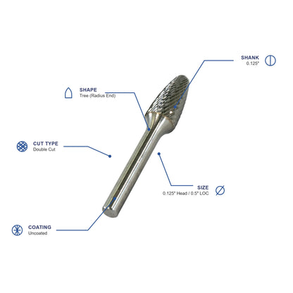 SF Double Cut Carbide Burr specifications diagram - 1 8 inch dia 1 2 inch LOC