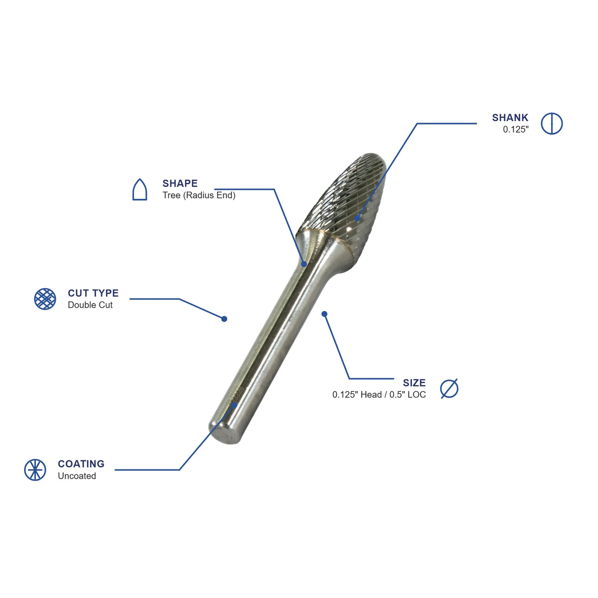 SF Double Cut Carbide Burr specifications diagram - 1 8 inch dia 1 2 inch LOC