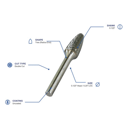 SF Double Cut Carbide Burr specifications diagram - 1 8 inch dia 1 4 inch LOC